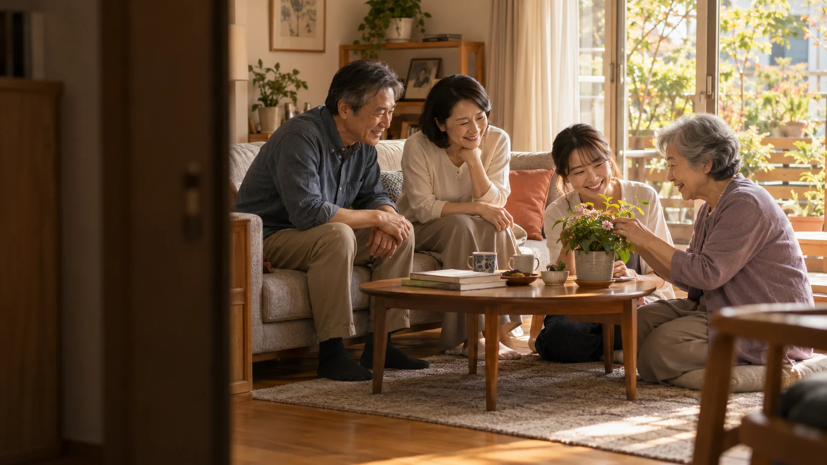 自宅でくつろぐ成人の家族のイメージ