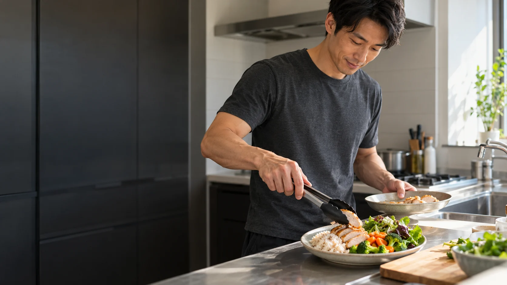 明るいキッチンで食事を準備する成人のイメージ